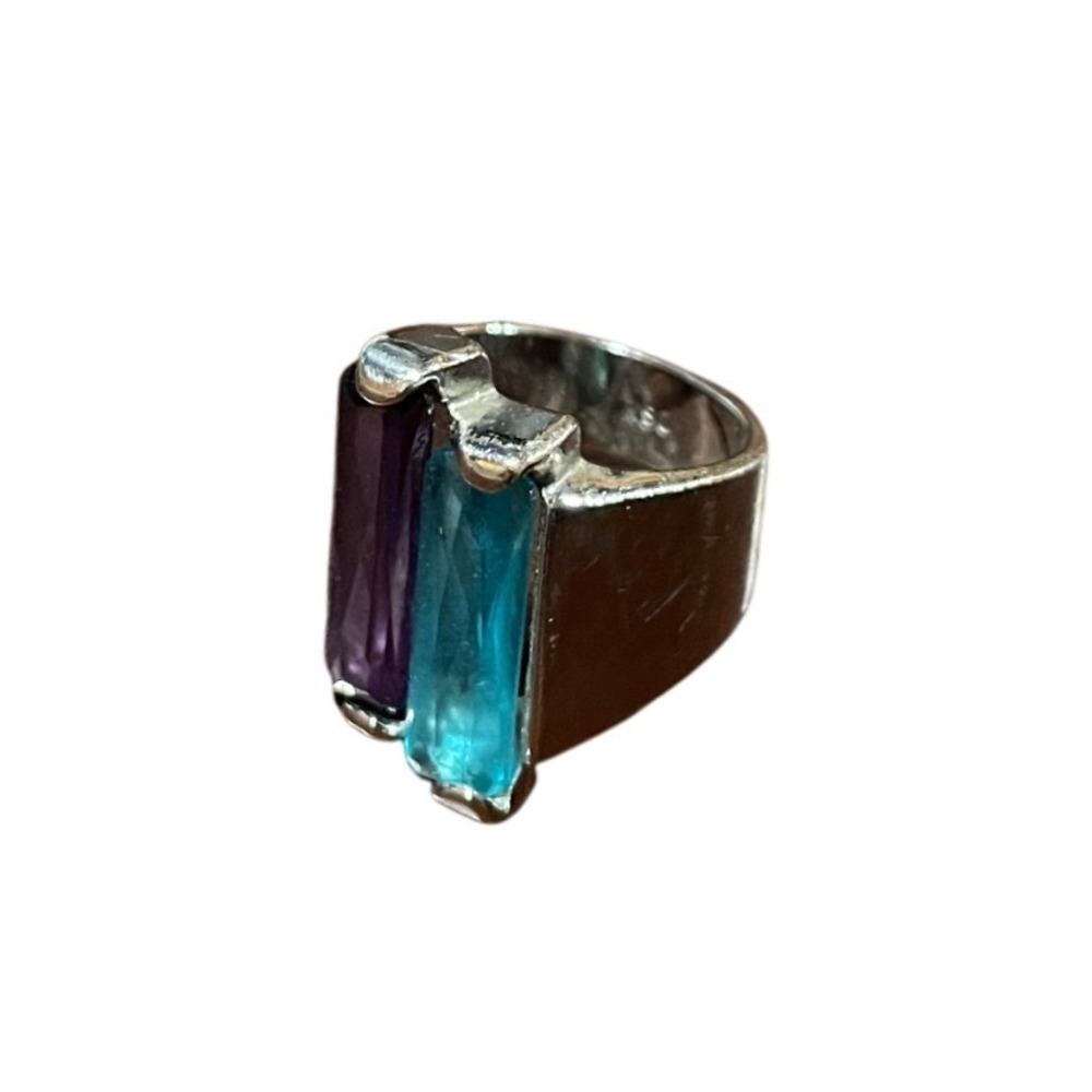 RSC Silver Tone Statement Ring Purple Blue Baguette Crystal Wide Band Size 11